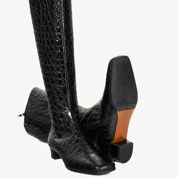 BY FAR Edie Black Circular Croco-Embossed Leather Knee-High Boots - Picture 5 of 11